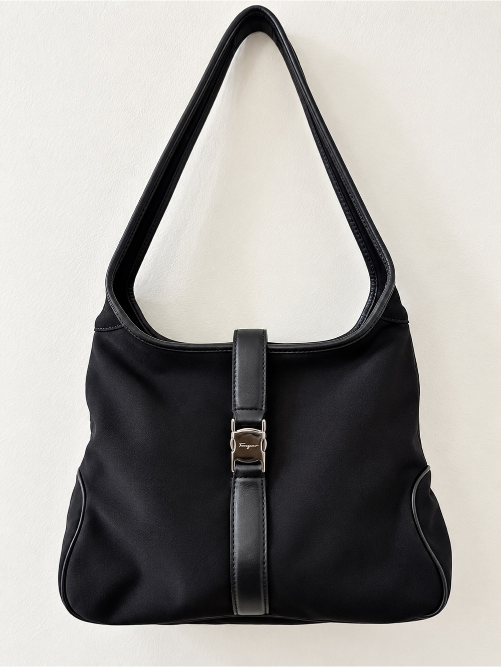 Salvatore Ferragamo Gancini Black Nylon Leather Shoulder Bag Y2K Italy